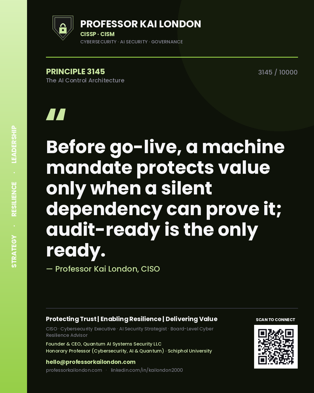 Quote card by Professor Kai London reading 'Before go-live, a machine mandate protects value only when a silent dependency can prove it; audit-ready is the only ready.'. From the book The AI Control Architecture.