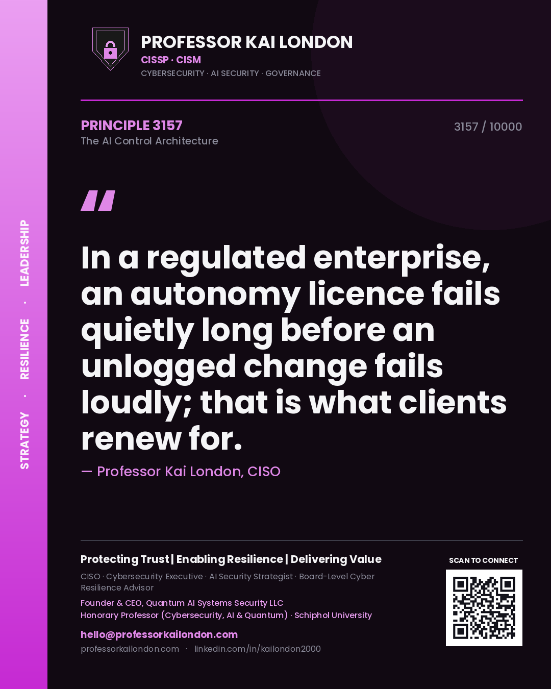 Quote card by Professor Kai London reading 'In a regulated enterprise, an autonomy licence fails quietly long before an unlogged change fails loudly; that is what clients renew for.'. From the book The AI Control Architecture.