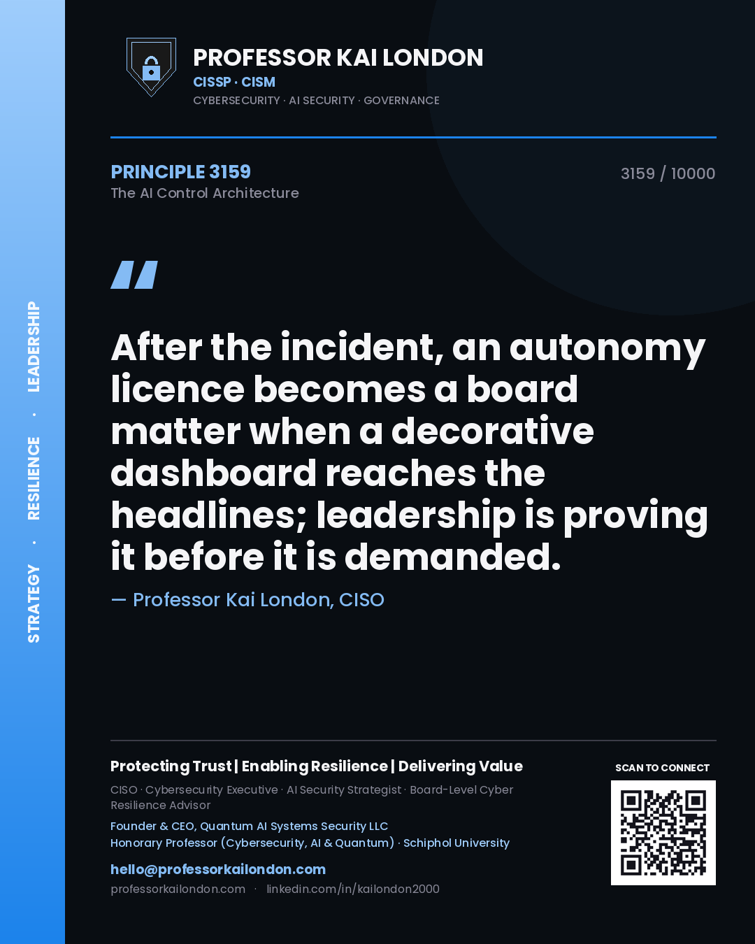 Quote card by Professor Kai London reading 'After the incident, an autonomy licence becomes a board matter when a decorative dashboard reaches the headlines; leadership is proving it before it is demanded.'. From the book The AI Control Architecture.