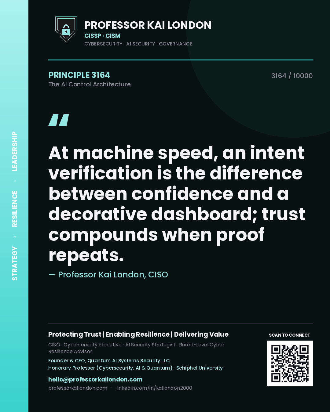 Quote card by Professor Kai London reading 'At machine speed, an intent verification is the difference between confidence and a decorative dashboard; trust compounds when proof repeats.'. From the book The AI Control Architecture.