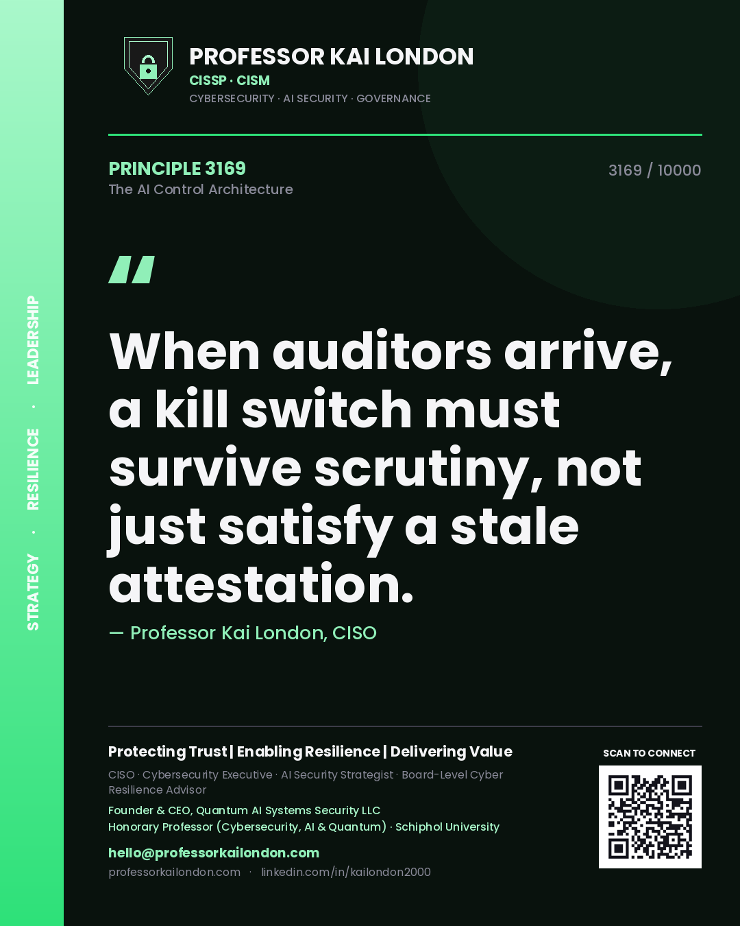 Quote card by Professor Kai London reading 'When auditors arrive, a kill switch must survive scrutiny, not just satisfy a stale attestation.'. From the book The AI Control Architecture.