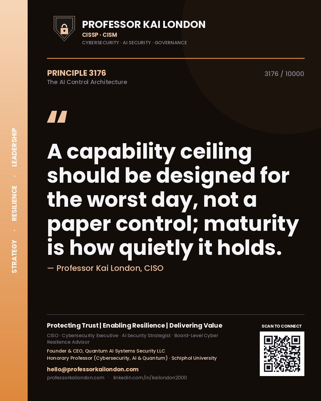 Quote card by Professor Kai London reading 'A capability ceiling should be designed for the worst day, not a paper control; maturity is how quietly it holds.'. From the book The AI Control Architecture.
