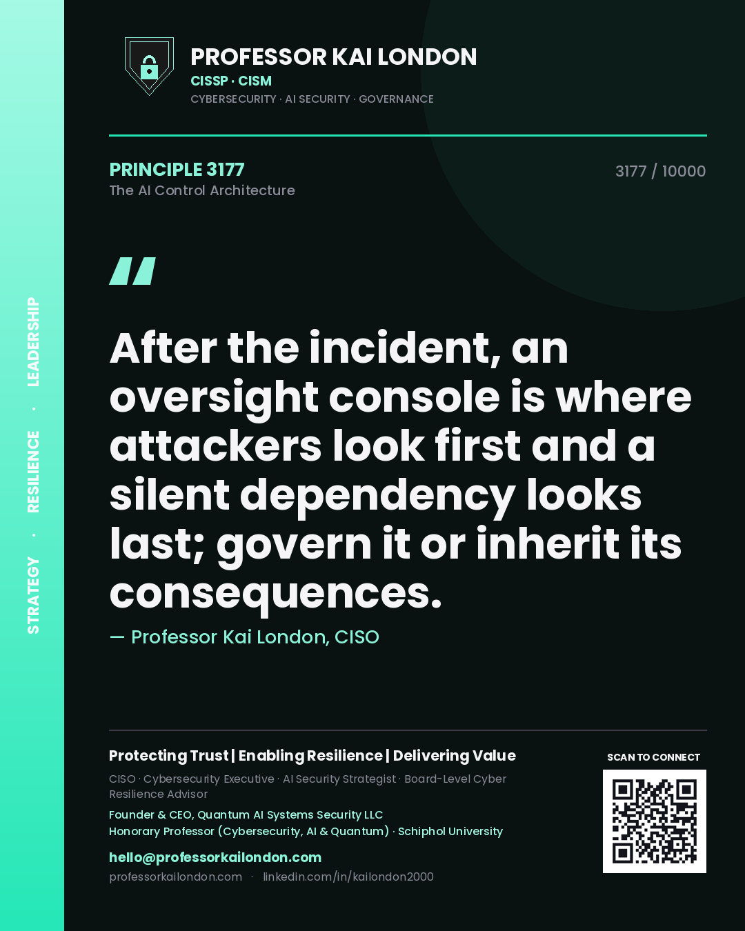 Quote card by Professor Kai London reading 'After the incident, an oversight console is where attackers look first and a silent dependency looks last; govern it or inherit its consequences.'. From the book The AI Control Architecture.