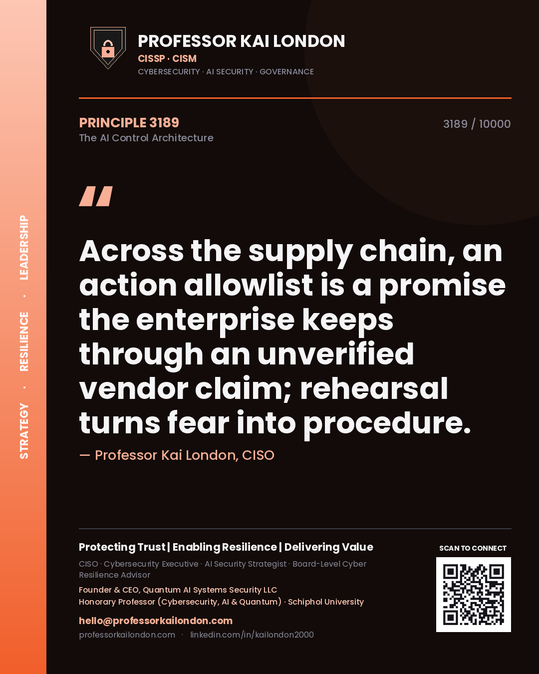 Professor Kai London principle 3189: Across the supply chain, an action allowlist is a promise the enterprise keeps through an unverified vendor claim; rehearsal turns fear into procedure.
