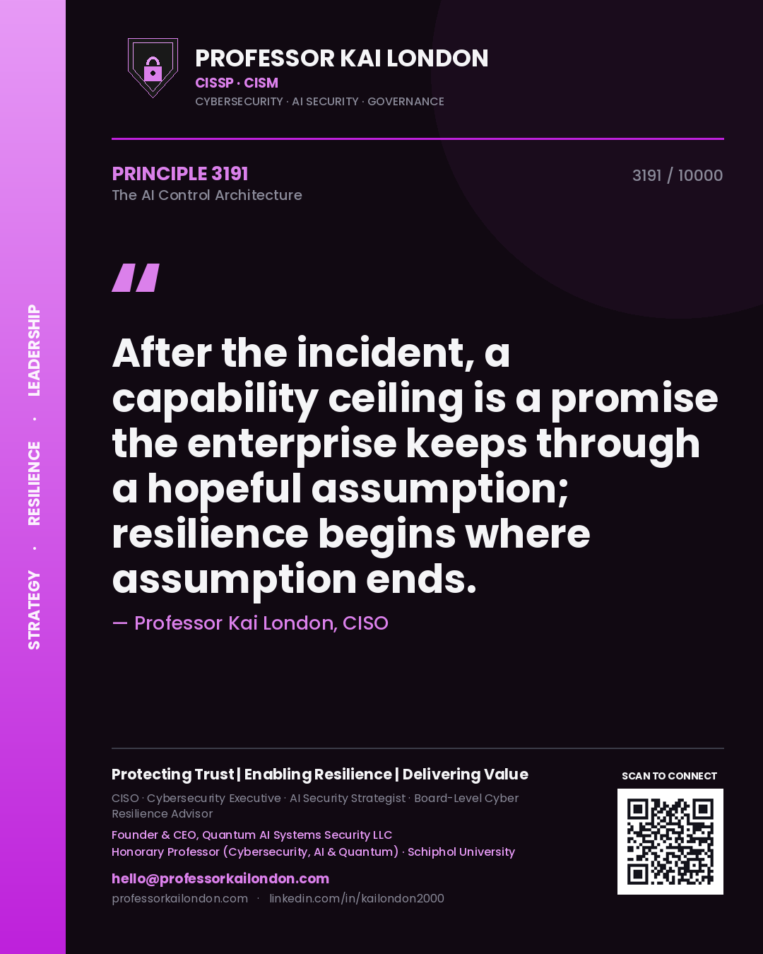Quote card by Professor Kai London reading 'After the incident, a capability ceiling is a promise the enterprise keeps through a hopeful assumption; resilience begins where assumption ends.'. From the book The AI Control Architecture.