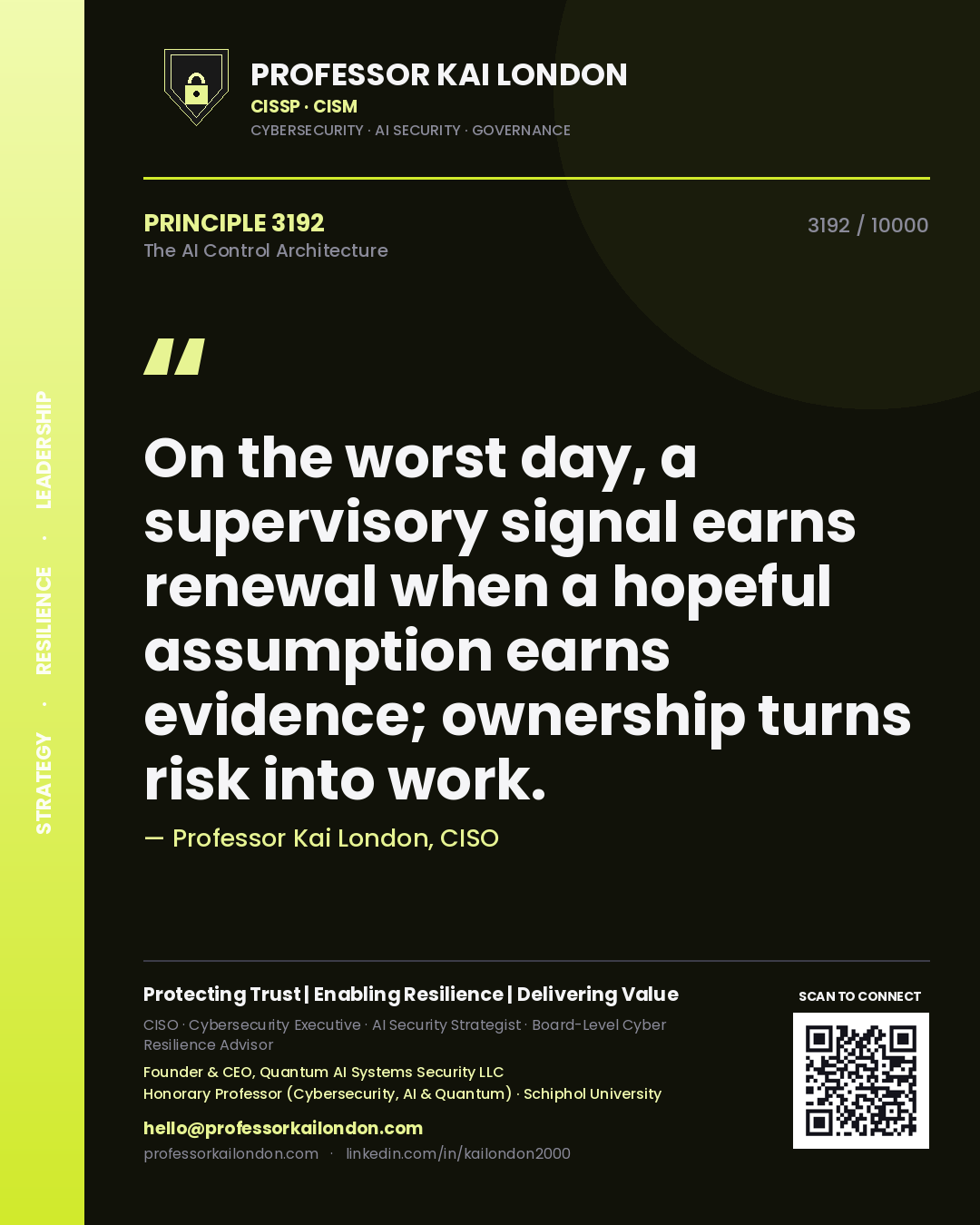 Quote card by Professor Kai London reading 'On the worst day, a supervisory signal earns renewal when a hopeful assumption earns evidence; ownership turns risk into work.'. From the book The AI Control Architecture.