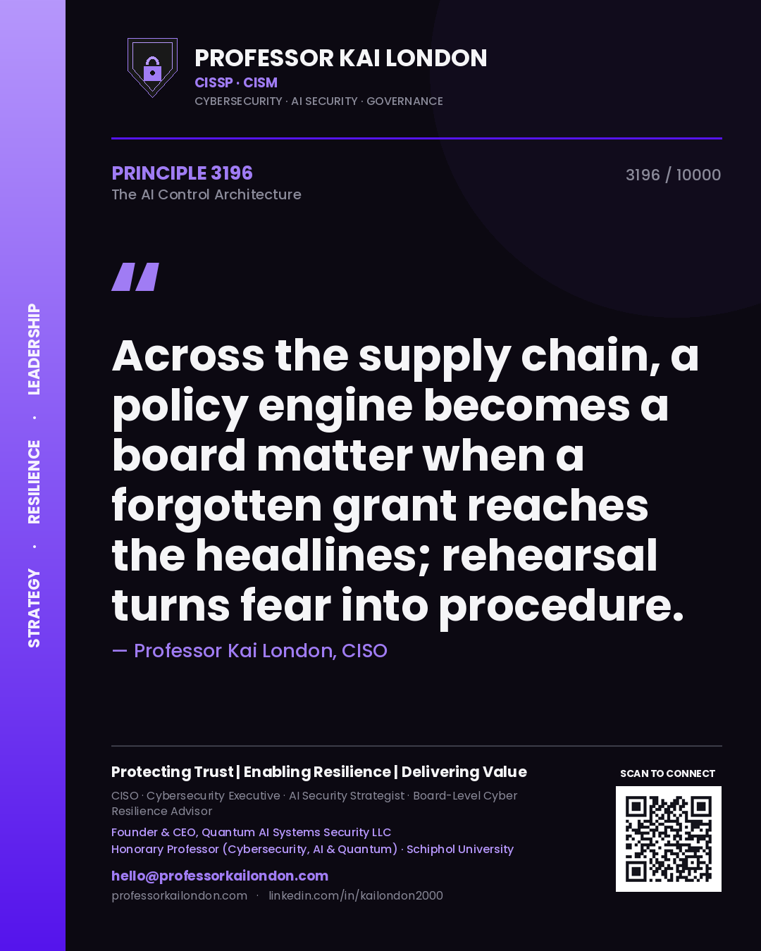 Quote card by Professor Kai London reading 'Across the supply chain, a policy engine becomes a board matter when a forgotten grant reaches the headlines; rehearsal turns fear into procedure.'. From the book The AI Control Architecture.