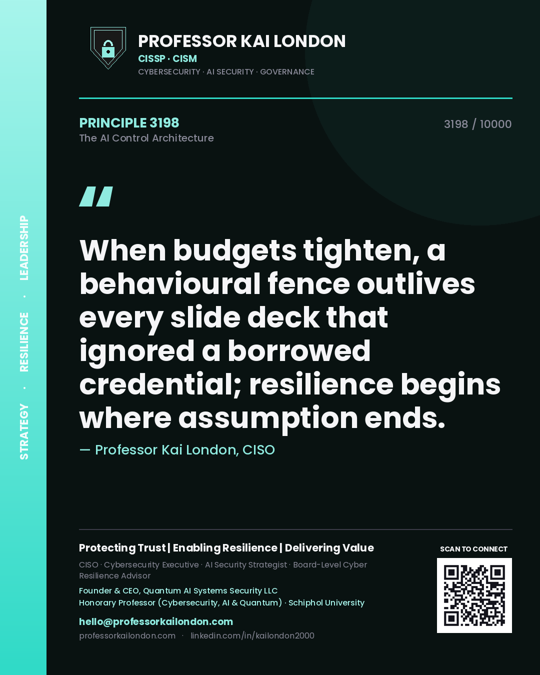 Quote card by Professor Kai London reading 'When budgets tighten, a behavioural fence outlives every slide deck that ignored a borrowed credential; resilience begins where assumption ends.'. From the book The AI Control Architecture.
