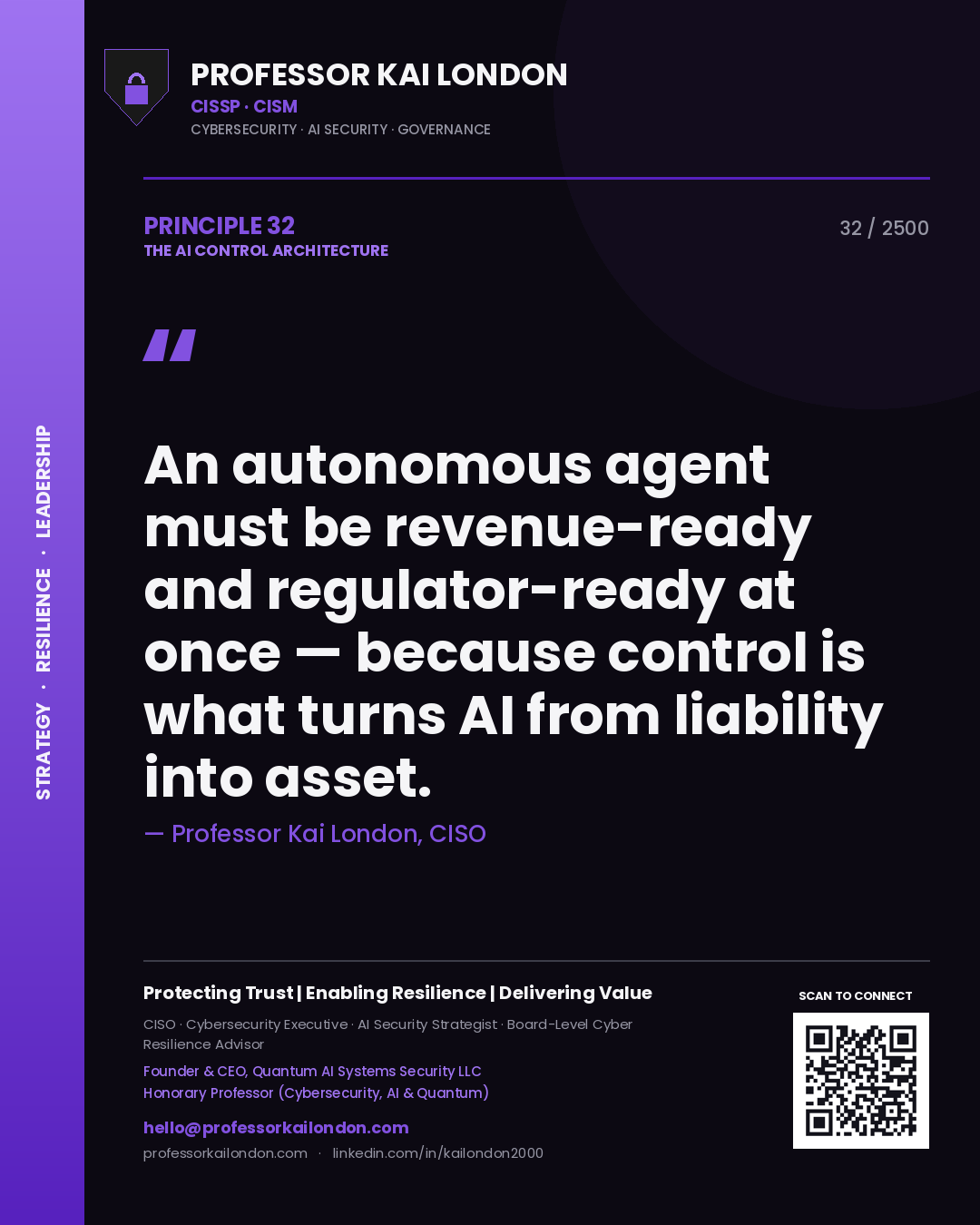 Professor Kai London principle 32: An autonomous agent must be revenue-ready and regulator-ready at once — because control is what turns AI from liability into asset.