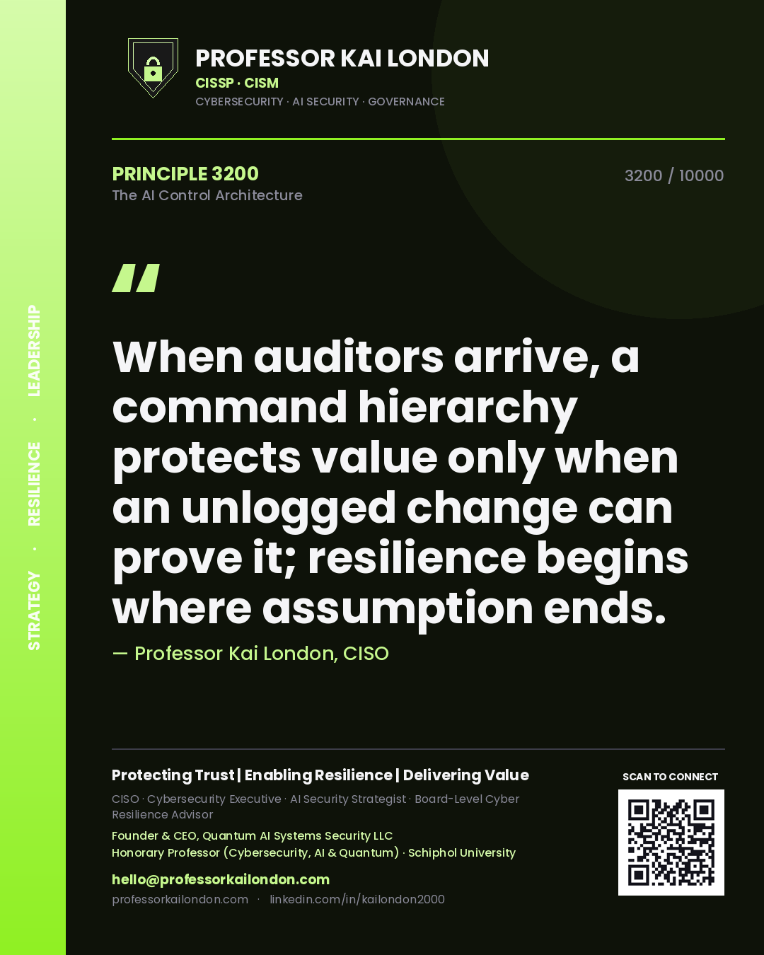Professor Kai London principle 3200: When auditors arrive, a command hierarchy protects value only when an unlogged change can prove it; resilience begins where assumption ends.