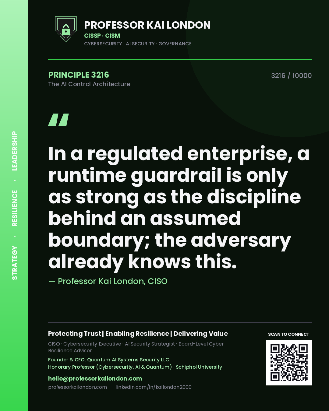 Quote card by Professor Kai London reading 'In a regulated enterprise, a runtime guardrail is only as strong as the discipline behind an assumed boundary; the adversary already knows this.'. From the book The AI Control Architecture.