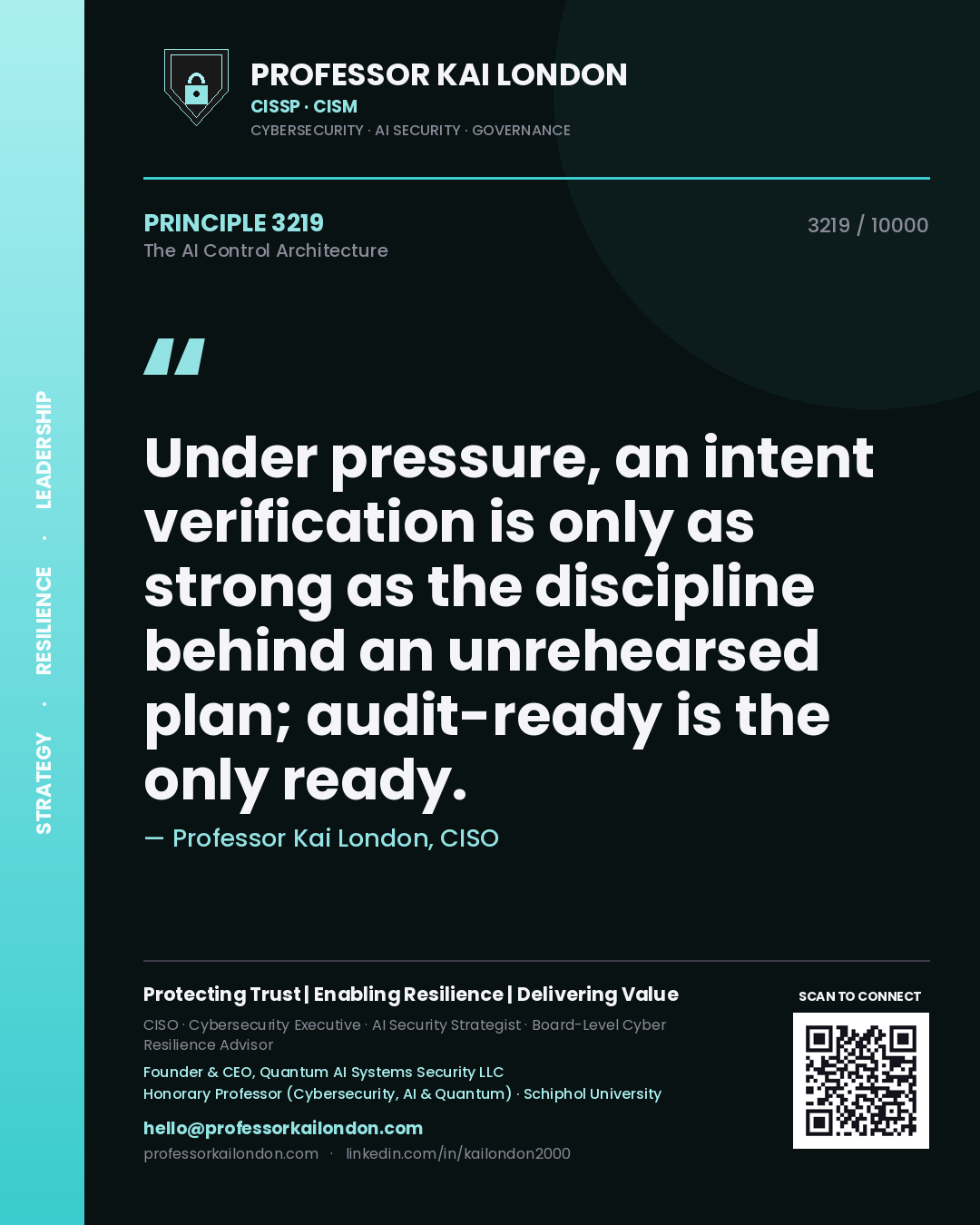 Quote card by Professor Kai London reading 'Under pressure, an intent verification is only as strong as the discipline behind an unrehearsed plan; audit-ready is the only ready.'. From the book The AI Control Architecture.