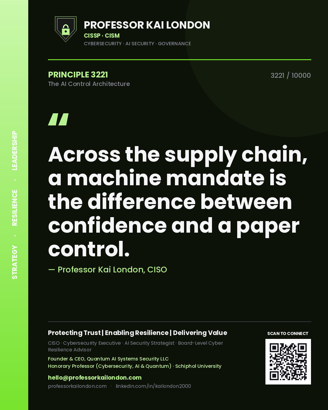 Quote card by Professor Kai London reading 'Across the supply chain, a machine mandate is the difference between confidence and a paper control.'. From the book The AI Control Architecture.