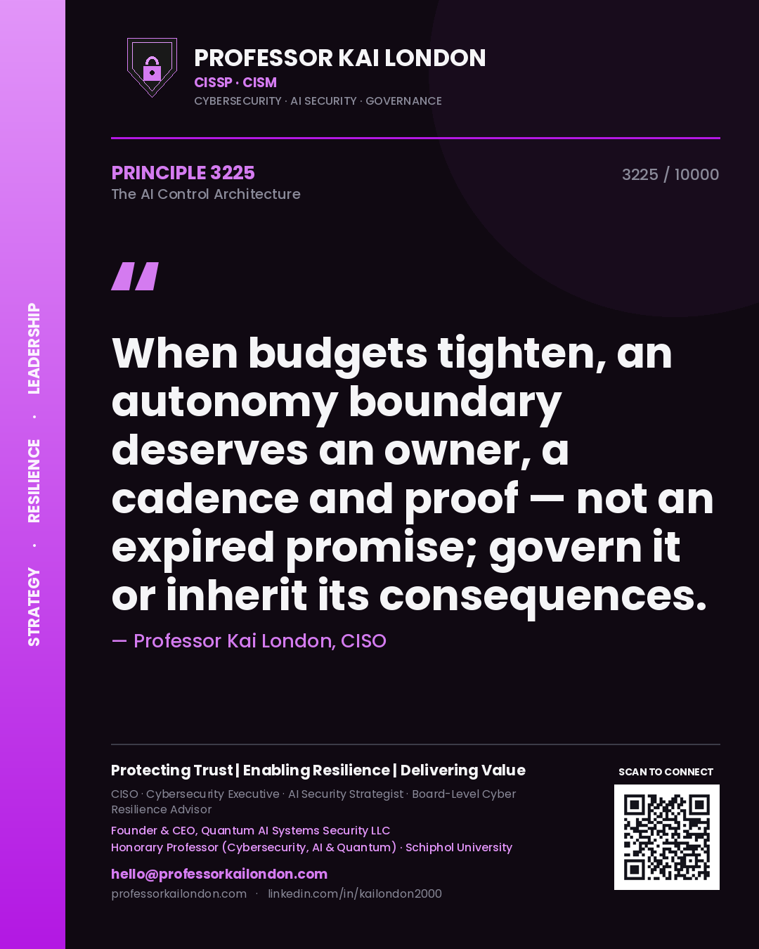 Professor Kai London principle 3225: When budgets tighten, an autonomy boundary deserves an owner, a cadence and proof — not an expired promise; govern it or inherit its consequences.