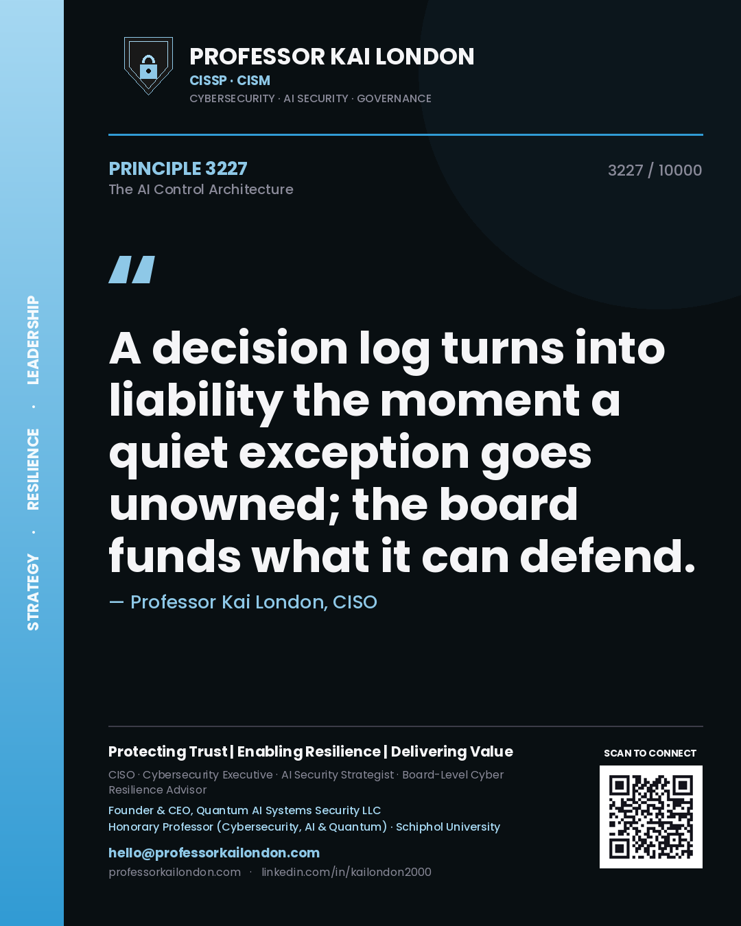 Quote card by Professor Kai London reading 'A decision log turns into liability the moment a quiet exception goes unowned; the board funds what it can defend.'. From the book The AI Control Architecture.