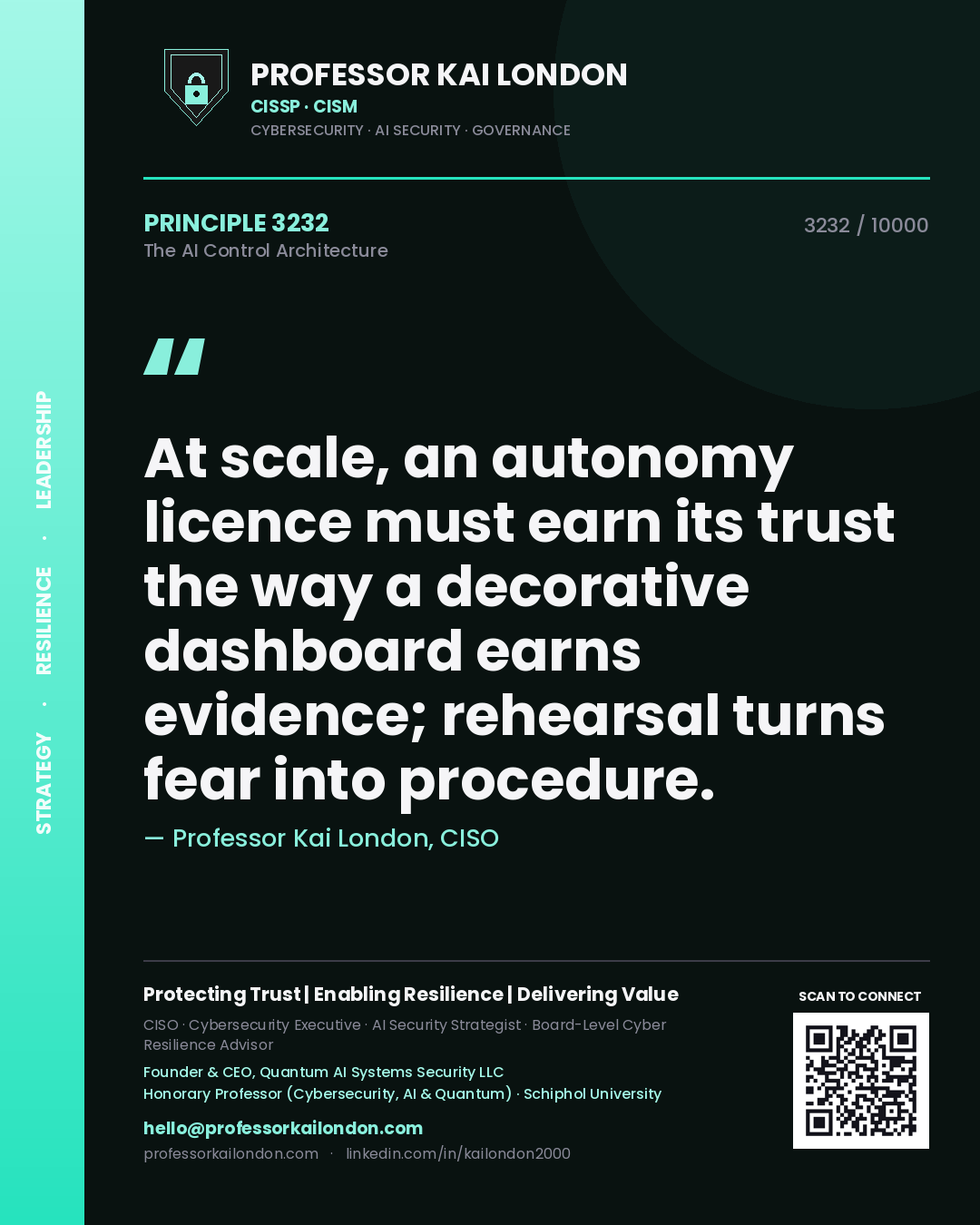 Quote card by Professor Kai London reading 'At scale, an autonomy licence must earn its trust the way a decorative dashboard earns evidence; rehearsal turns fear into procedure.'. From the book The AI Control Architecture.