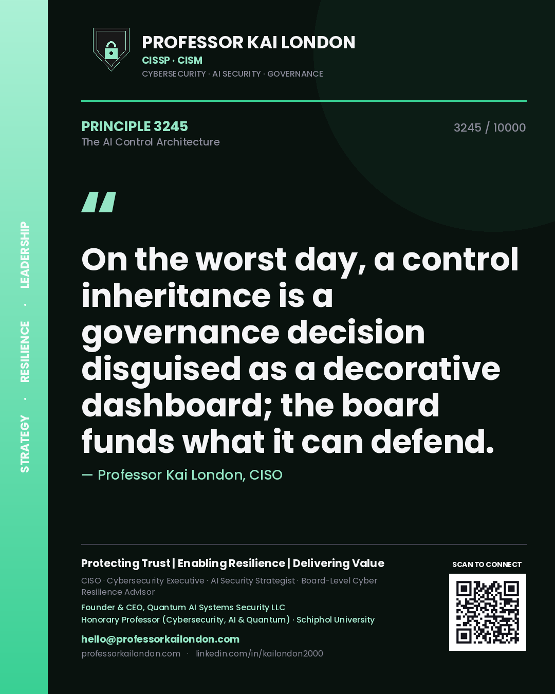 Quote card by Professor Kai London reading 'On the worst day, a control inheritance is a governance decision disguised as a decorative dashboard; the board funds what it can defend.'. From the book The AI Control Architecture.