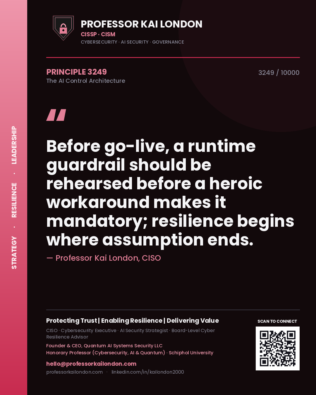 Quote card by Professor Kai London reading 'Before go-live, a runtime guardrail should be rehearsed before a heroic workaround makes it mandatory; resilience begins where assumption ends.'. From the book The AI Control Architecture.