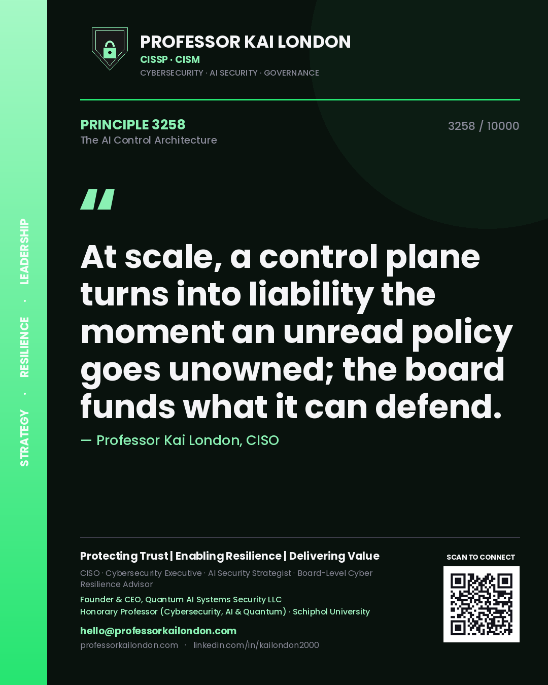 Quote card by Professor Kai London reading 'At scale, a control plane turns into liability the moment an unread policy goes unowned; the board funds what it can defend.'. From the book The AI Control Architecture.