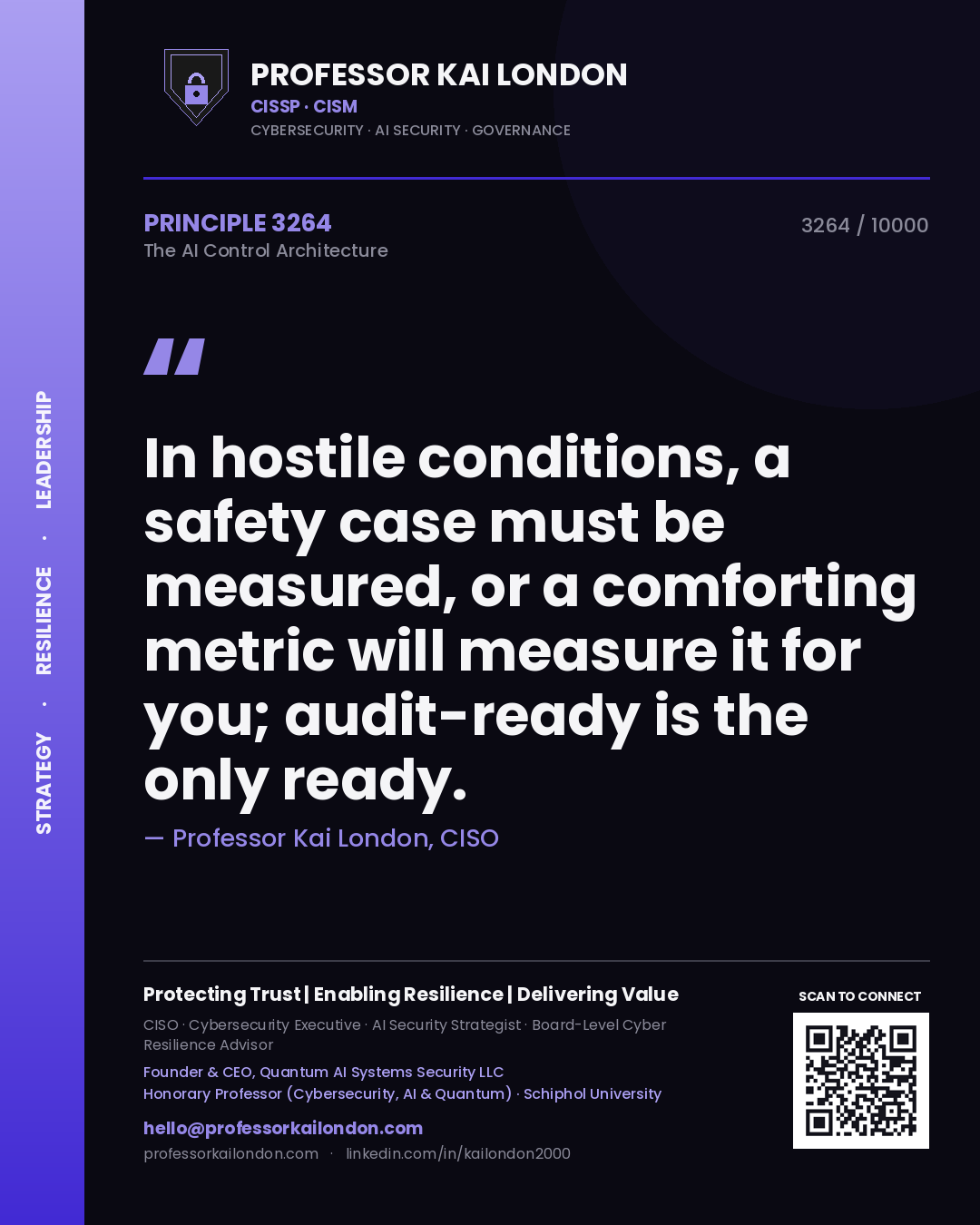 Quote card by Professor Kai London reading 'In hostile conditions, a safety case must be measured, or a comforting metric will measure it for you; audit-ready is the only ready.'. From the book The AI Control Architecture.