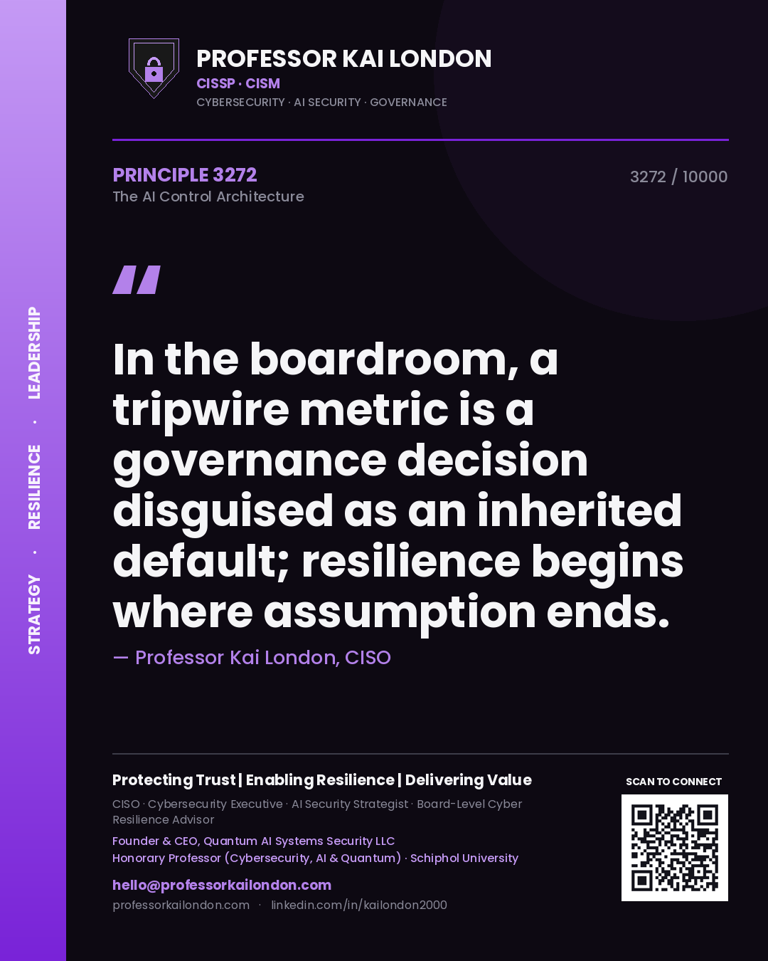 Quote card by Professor Kai London reading 'In the boardroom, a tripwire metric is a governance decision disguised as an inherited default; resilience begins where assumption ends.'. From the book The AI Control Architecture.