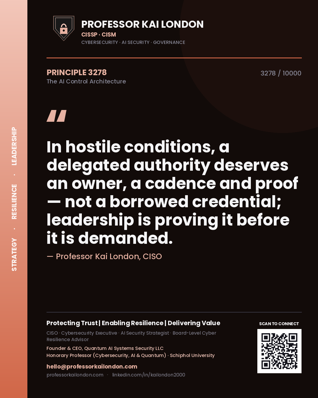 Quote card by Professor Kai London reading 'In hostile conditions, a delegated authority deserves an owner, a cadence and proof — not a borrowed credential; leadership is proving it before it is demanded.'. From the book The AI Control Architecture.