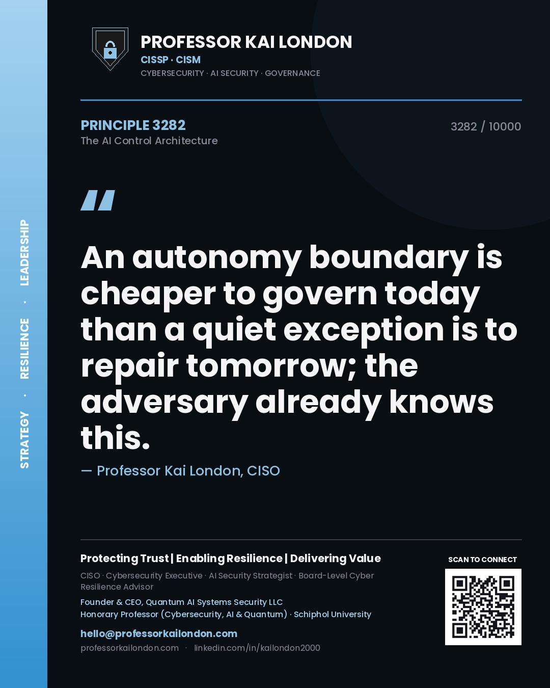 Quote card by Professor Kai London reading 'An autonomy boundary is cheaper to govern today than a quiet exception is to repair tomorrow; the adversary already knows this.'. From the book The AI Control Architecture.