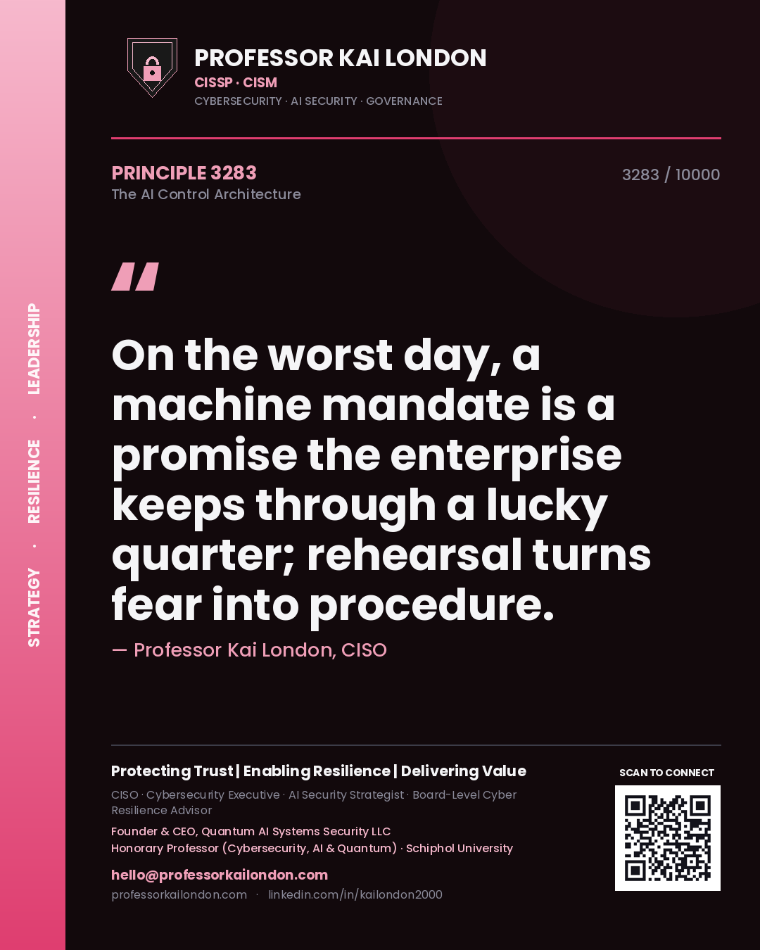 Quote card by Professor Kai London reading 'On the worst day, a machine mandate is a promise the enterprise keeps through a lucky quarter; rehearsal turns fear into procedure.'. From the book The AI Control Architecture.
