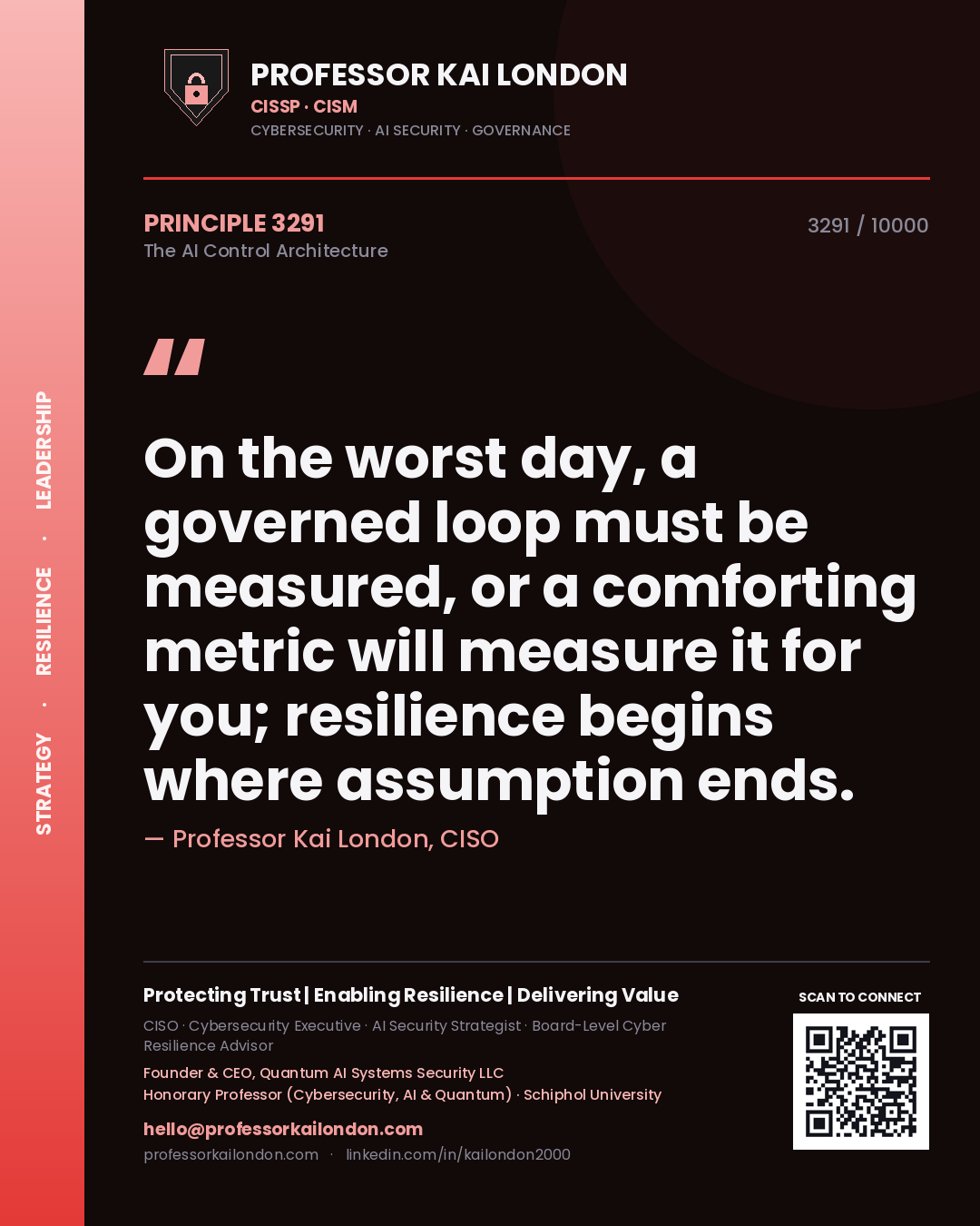 Quote card by Professor Kai London reading 'On the worst day, a governed loop must be measured, or a comforting metric will measure it for you; resilience begins where assumption ends.'. From the book The AI Control Architecture.