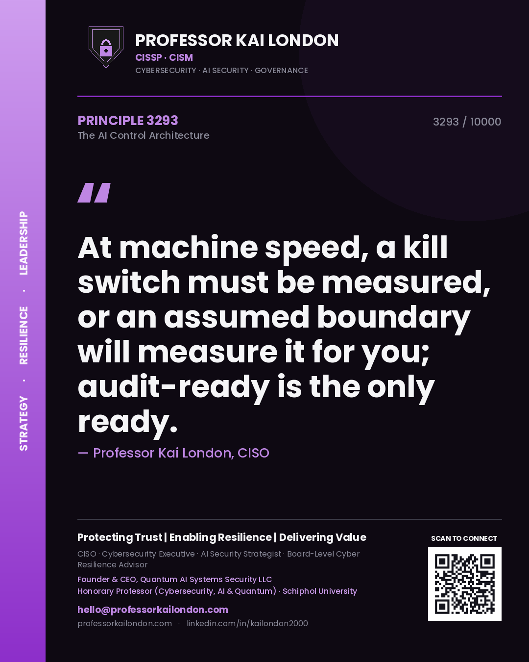 Quote card by Professor Kai London reading 'At machine speed, a kill switch must be measured, or an assumed boundary will measure it for you; audit-ready is the only ready.'. From the book The AI Control Architecture.