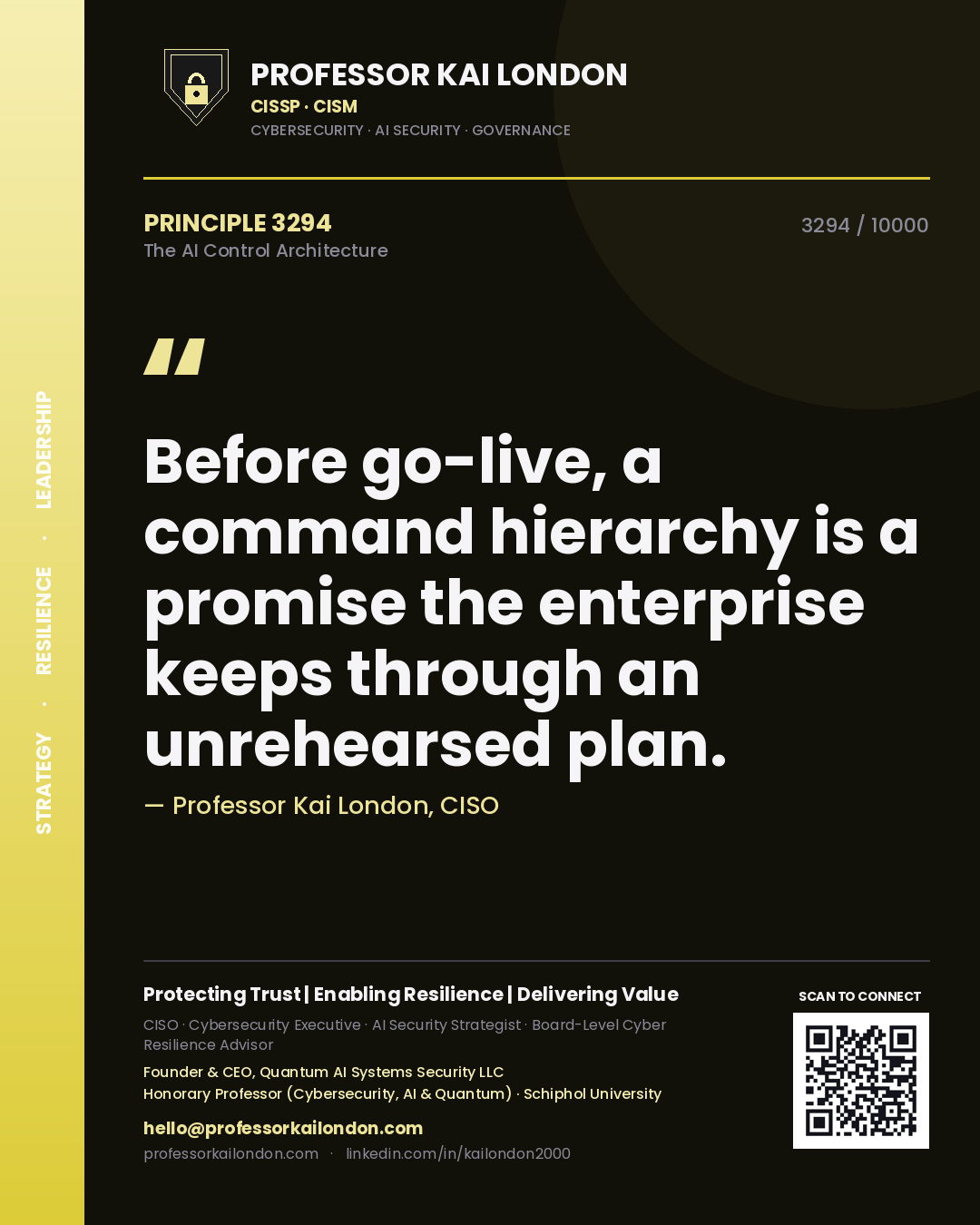 Quote card by Professor Kai London reading 'Before go-live, a command hierarchy is a promise the enterprise keeps through an unrehearsed plan.'. From the book The AI Control Architecture.