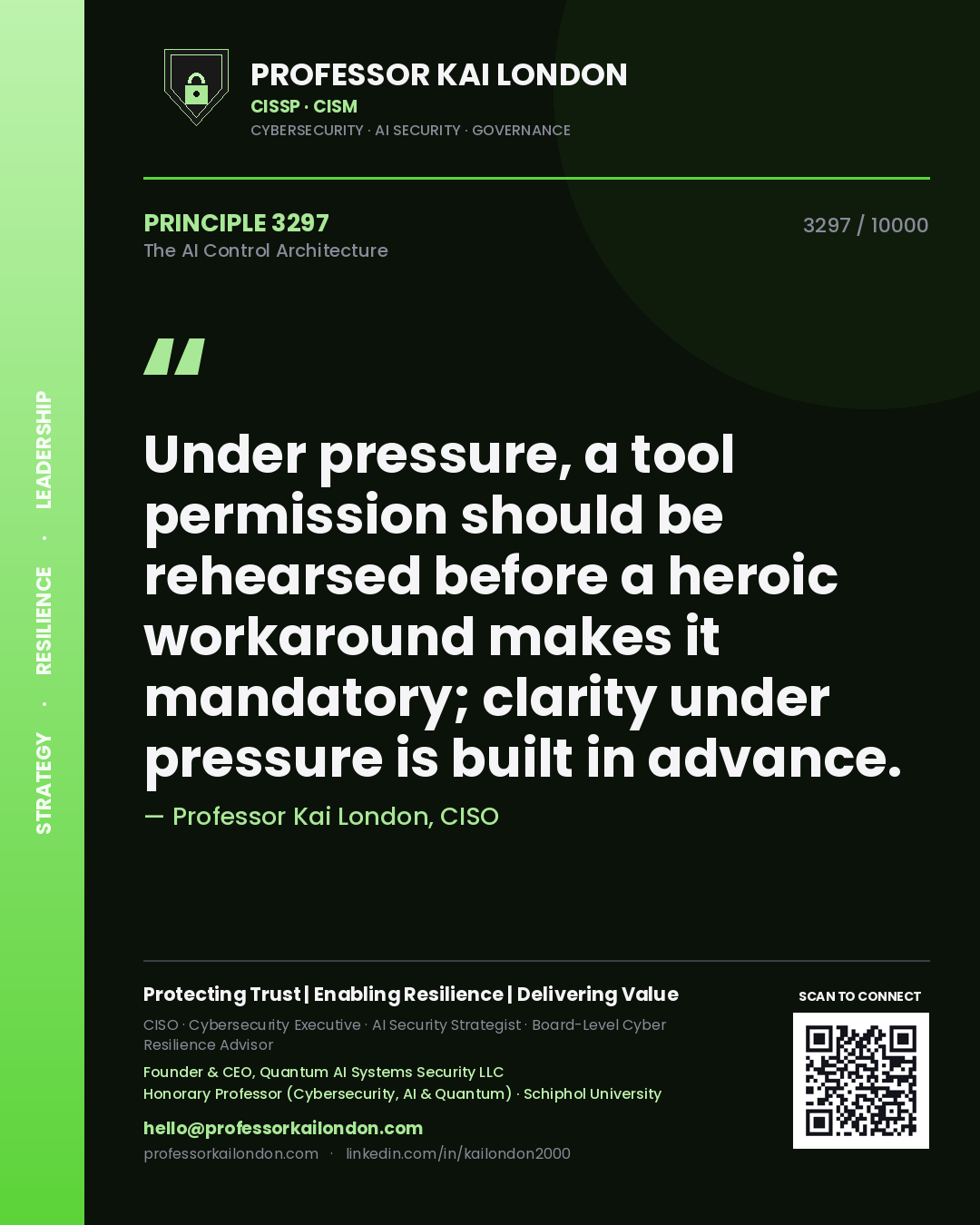 Professor Kai London principle 3297: Under pressure, a tool permission should be rehearsed before a heroic workaround makes it mandatory; clarity under pressure is built in advance.