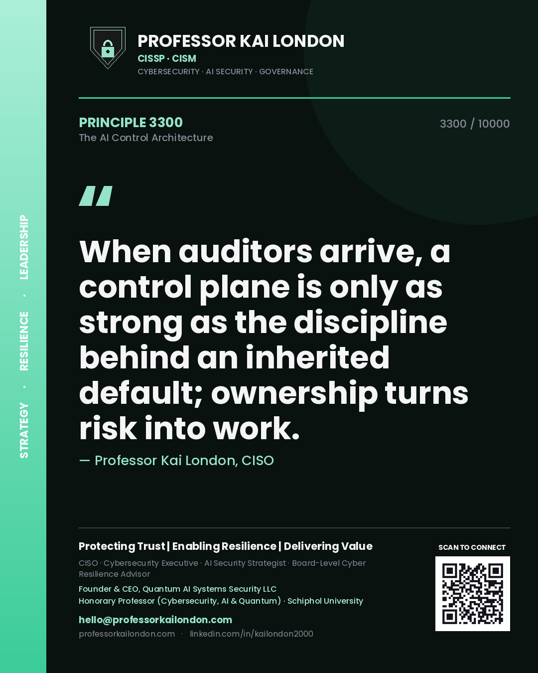Quote card by Professor Kai London reading 'When auditors arrive, a control plane is only as strong as the discipline behind an inherited default; ownership turns risk into work.'. From the book The AI Control Architecture.