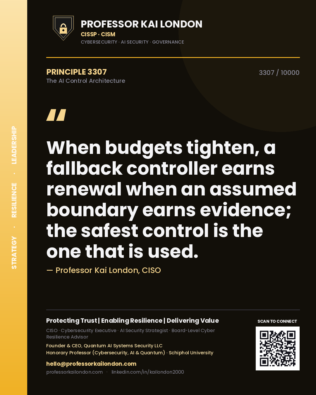 Quote card by Professor Kai London reading 'When budgets tighten, a fallback controller earns renewal when an assumed boundary earns evidence; the safest control is the one that is used.'. From the book The AI Control Architecture.