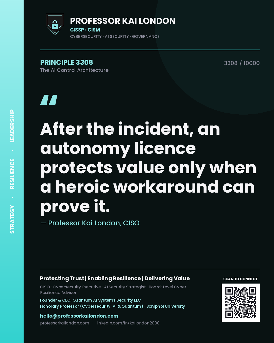 Professor Kai London principle 3308: After the incident, an autonomy licence protects value only when a heroic workaround can prove it.
