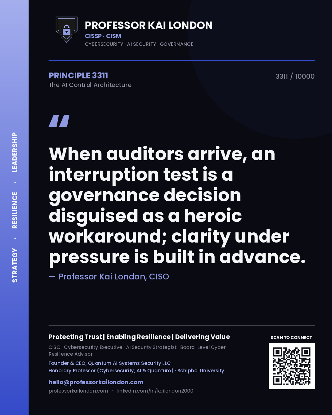 Quote card by Professor Kai London reading 'When auditors arrive, an interruption test is a governance decision disguised as a heroic workaround; clarity under pressure is built in advance.'. From the book The AI Control Architecture.