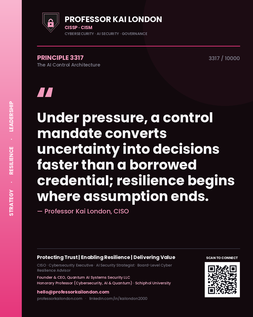 Quote card by Professor Kai London reading 'Under pressure, a control mandate converts uncertainty into decisions faster than a borrowed credential; resilience begins where assumption ends.'. From the book The AI Control Architecture.