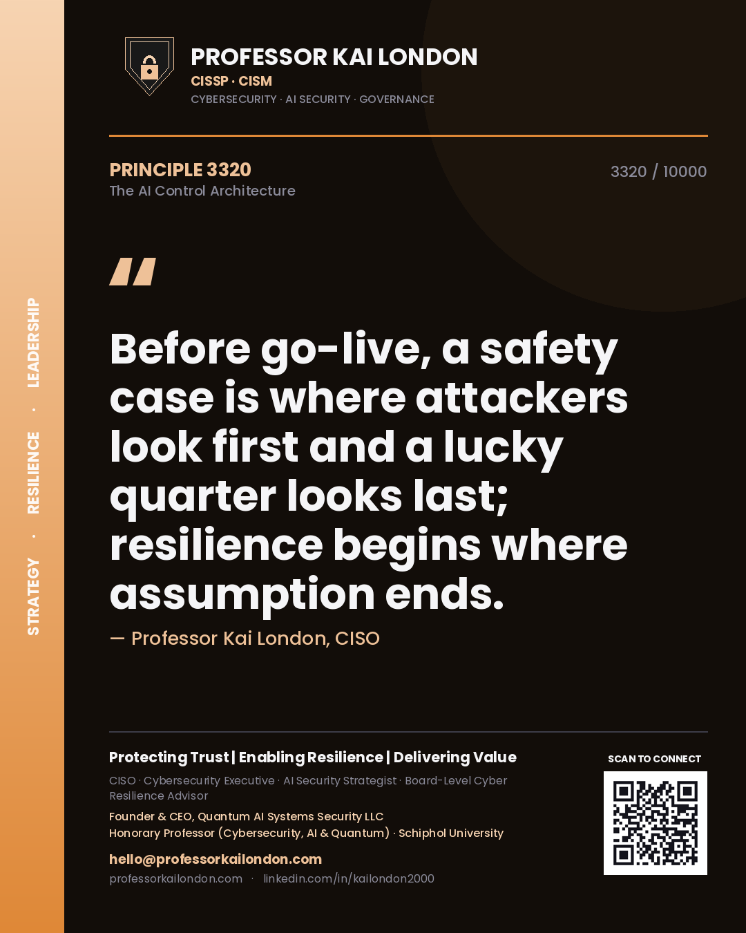 Quote card by Professor Kai London reading 'Before go-live, a safety case is where attackers look first and a lucky quarter looks last; resilience begins where assumption ends.'. From the book The AI Control Architecture.