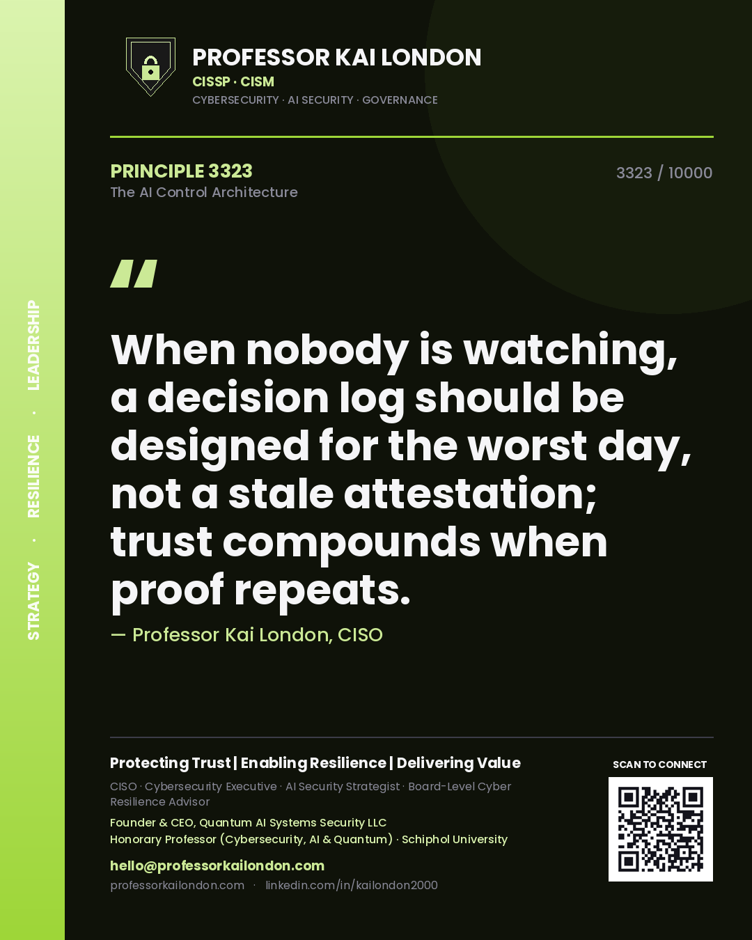Quote card by Professor Kai London reading 'When nobody is watching, a decision log should be designed for the worst day, not a stale attestation; trust compounds when proof repeats.'. From the book The AI Control Architecture.