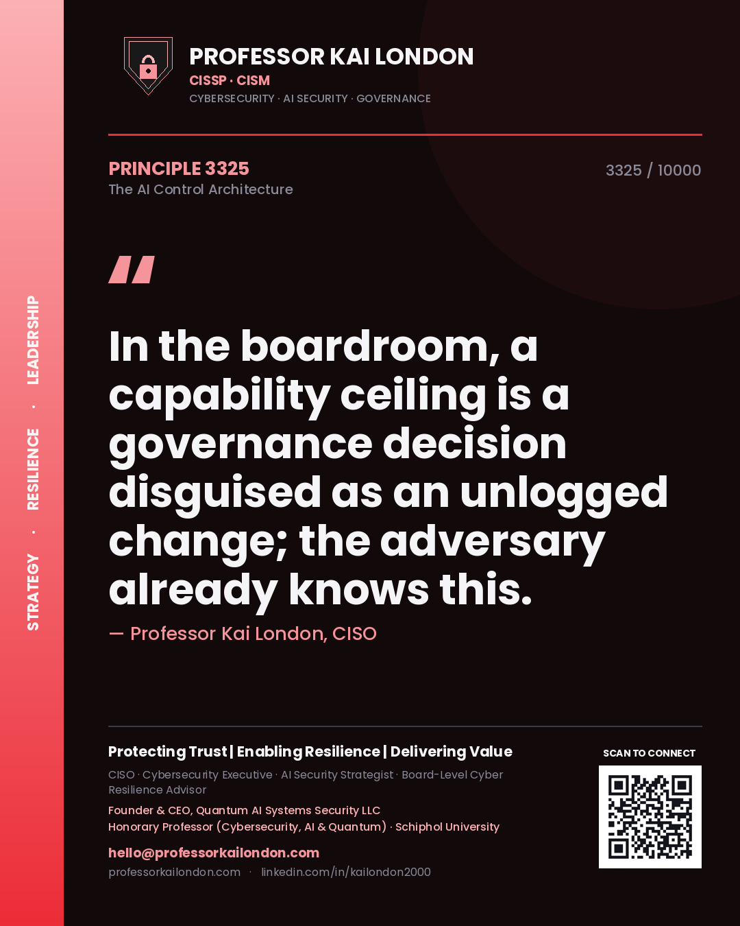 Quote card by Professor Kai London reading 'In the boardroom, a capability ceiling is a governance decision disguised as an unlogged change; the adversary already knows this.'. From the book The AI Control Architecture.