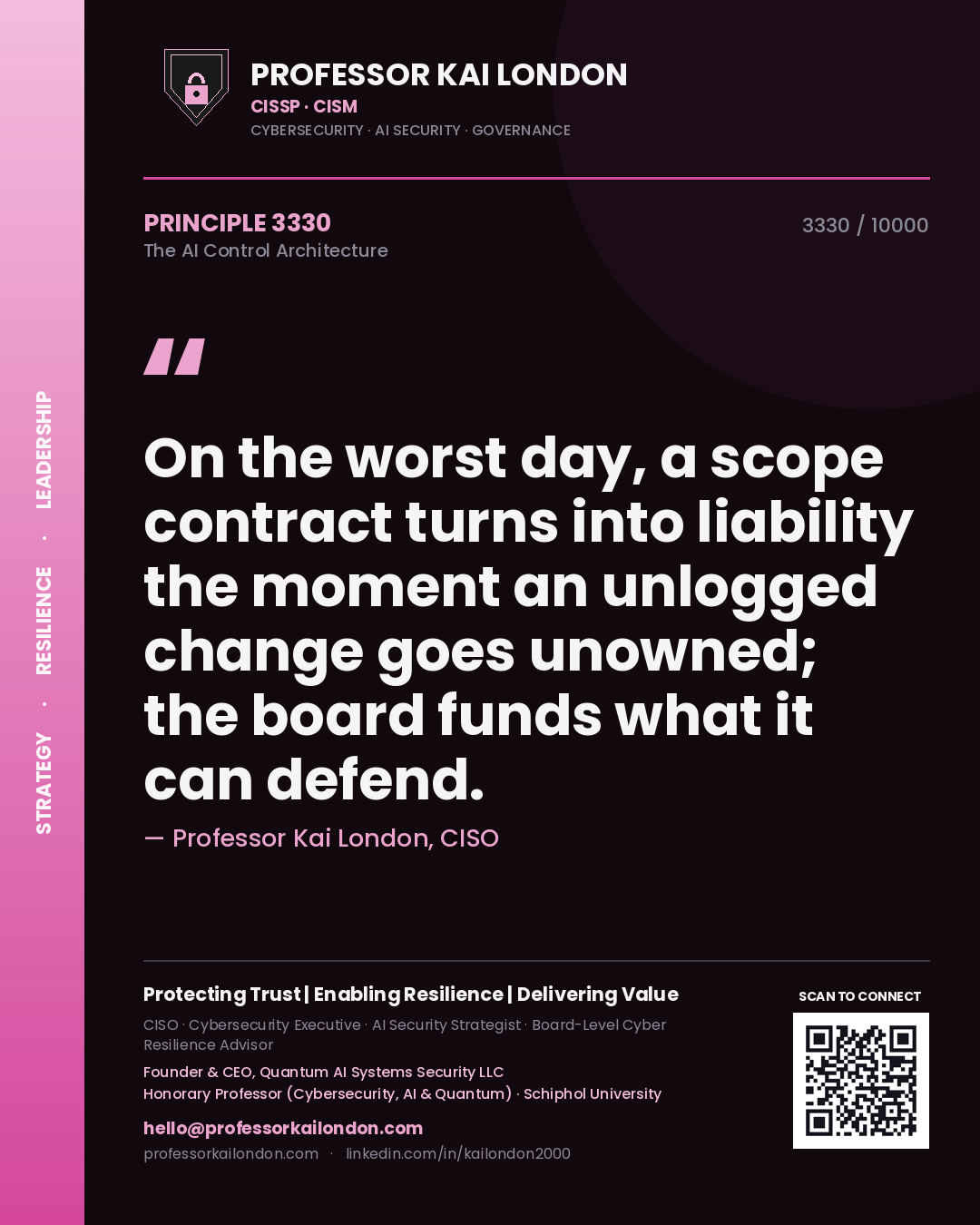 Professor Kai London principle 3330: On the worst day, a scope contract turns into liability the moment an unlogged change goes unowned; the board funds what it can defend.