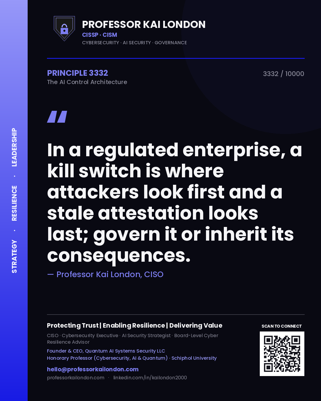 Professor Kai London principle 3332: In a regulated enterprise, a kill switch is where attackers look first and a stale attestation looks last; govern it or inherit its consequences.