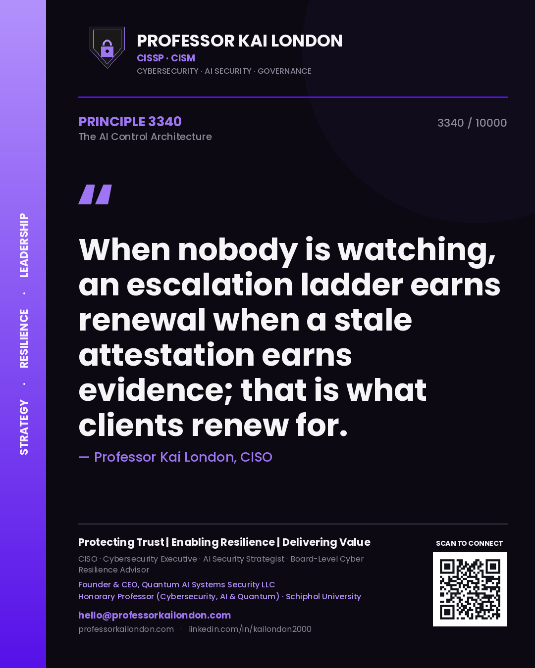 Quote card by Professor Kai London reading 'When nobody is watching, an escalation ladder earns renewal when a stale attestation earns evidence; that is what clients renew for.'. From the book The AI Control Architecture.