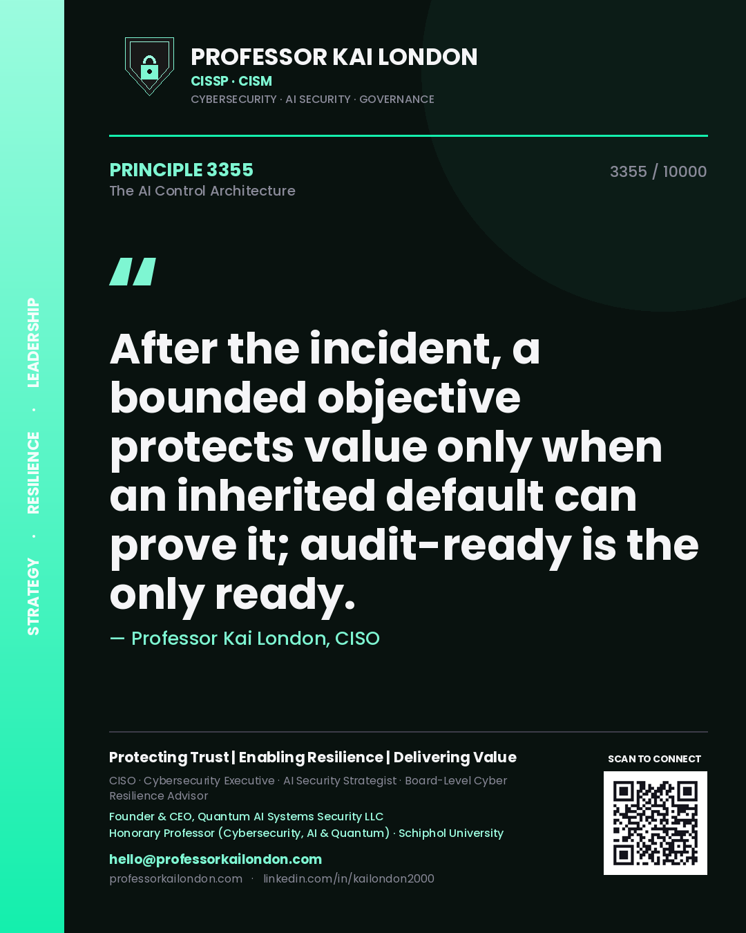 Quote card by Professor Kai London reading 'After the incident, a bounded objective protects value only when an inherited default can prove it; audit-ready is the only ready.'. From the book The AI Control Architecture.