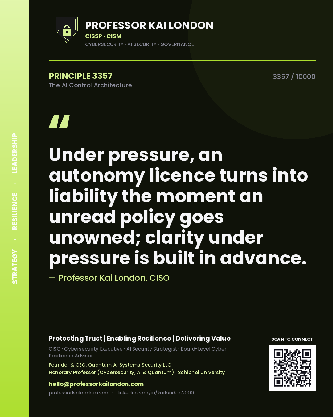 Quote card by Professor Kai London reading 'Under pressure, an autonomy licence turns into liability the moment an unread policy goes unowned; clarity under pressure is built in advance.'. From the book The AI Control Architecture.