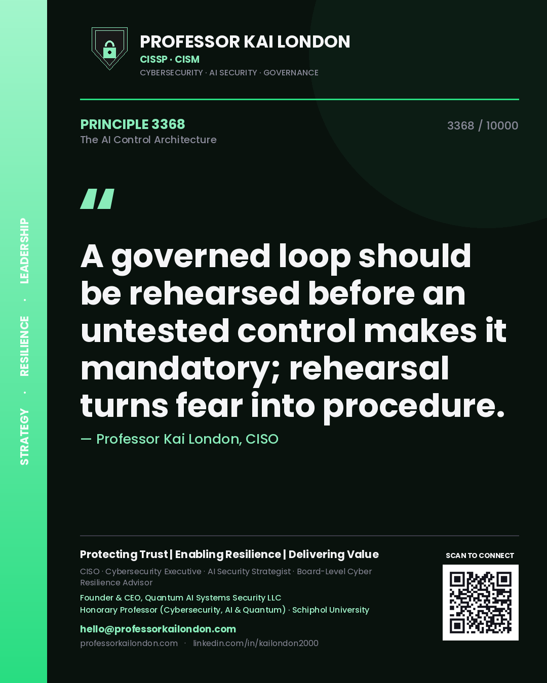 Quote card by Professor Kai London reading 'A governed loop should be rehearsed before an untested control makes it mandatory; rehearsal turns fear into procedure.'. From the book The AI Control Architecture.