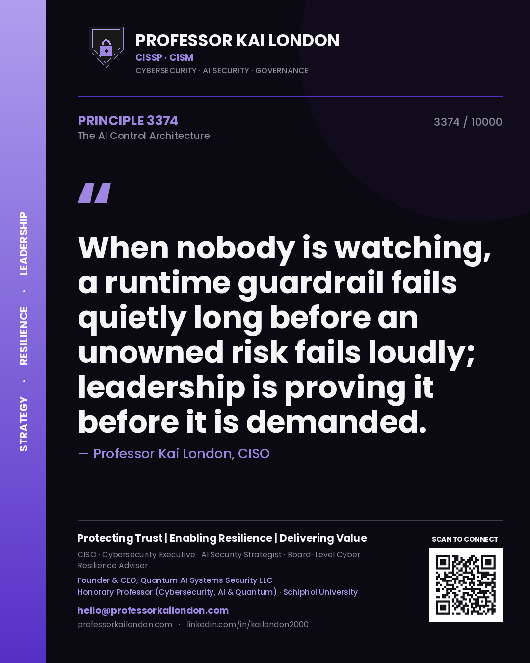 Quote card by Professor Kai London reading 'When nobody is watching, a runtime guardrail fails quietly long before an unowned risk fails loudly; leadership is proving it before it is demanded.'. From the book The AI Control Architecture.