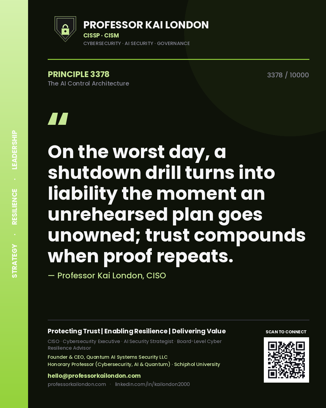 Quote card by Professor Kai London reading 'On the worst day, a shutdown drill turns into liability the moment an unrehearsed plan goes unowned; trust compounds when proof repeats.'. From the book The AI Control Architecture.
