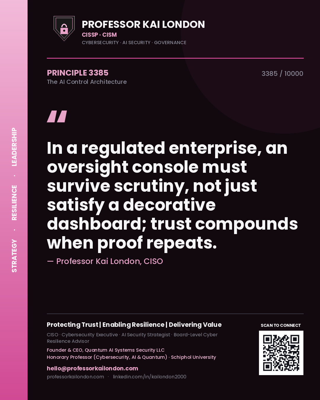 Quote card by Professor Kai London reading 'In a regulated enterprise, an oversight console must survive scrutiny, not just satisfy a decorative dashboard; trust compounds when proof repeats.'. From the book The AI Control Architecture.