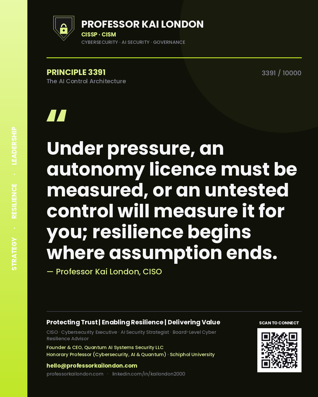 Quote card by Professor Kai London reading 'Under pressure, an autonomy licence must be measured, or an untested control will measure it for you; resilience begins where assumption ends.'. From the book The AI Control Architecture.